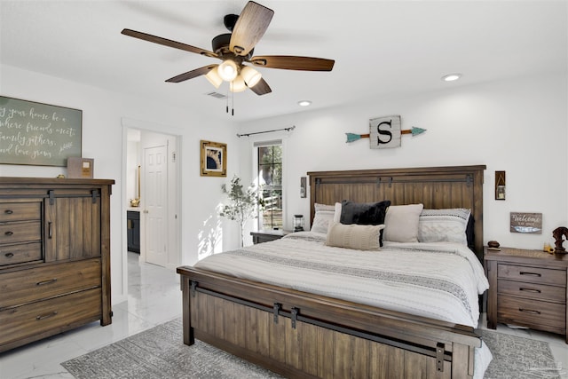 bedroom featuring marble finish floor, ceiling fan, visible vents, and recessed lighting