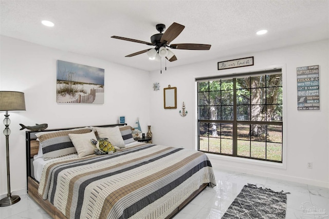 bedroom featuring baseboards, a ceiling fan, marble finish floor, a textured ceiling, and recessed lighting