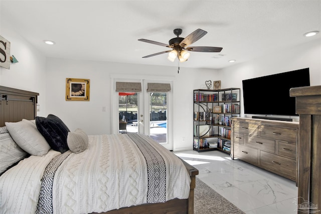 bedroom with recessed lighting, marble finish floor, access to outside, and french doors