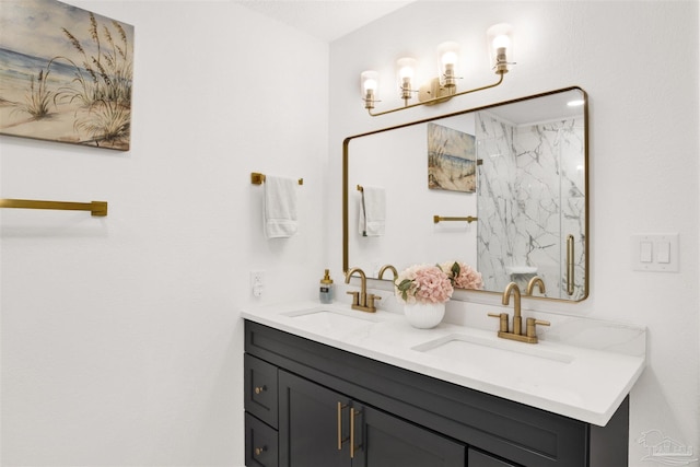 bathroom featuring double vanity, a shower, and a sink