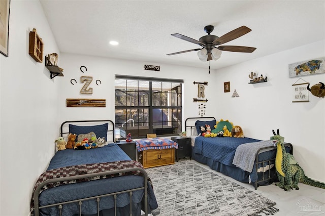 bedroom with ceiling fan and recessed lighting