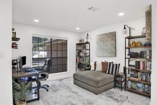 home office with recessed lighting, marble finish floor, and visible vents