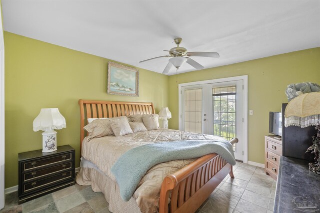 bedroom with french doors, ceiling fan, and access to exterior