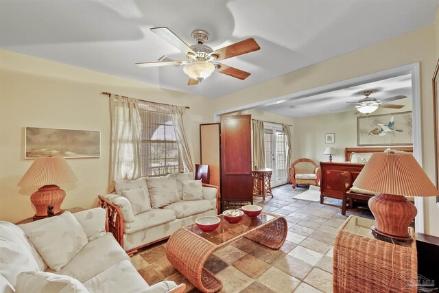 living room featuring ceiling fan