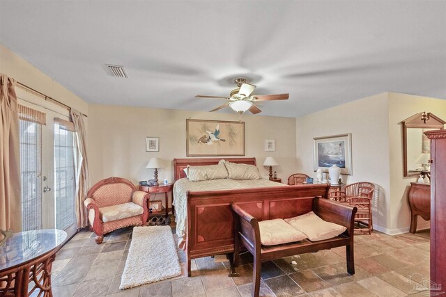 bedroom featuring french doors, ceiling fan, and access to exterior