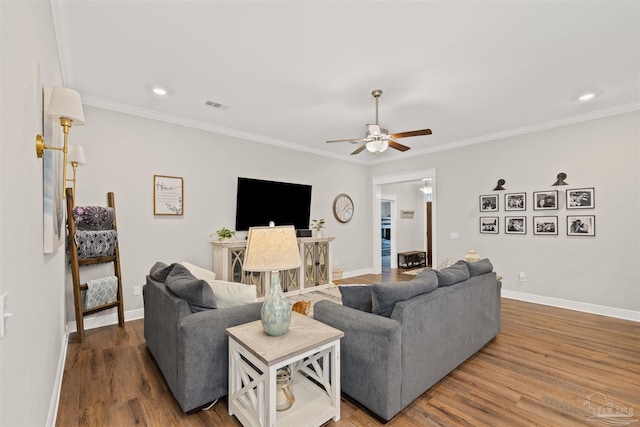 5622 Dunridge Dr, Pace, FL 32571 - living room featuring ceiling fan, wood finished floors, ornamental molding, and recessed lighting