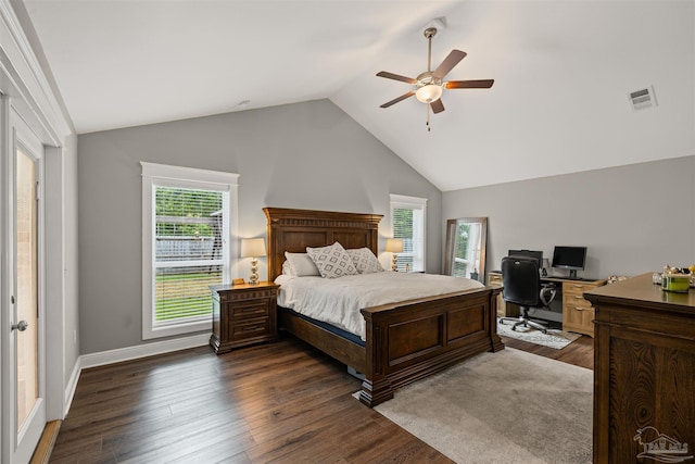 5622 Dunridge Dr, Pace, FL 32571 - bedroom featuring a desk, lofted ceiling, dark wood-style floors, and a ceiling fan