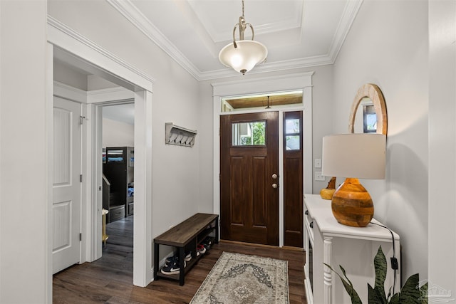 5622 Dunridge Dr, Pace, FL 32571 - entryway featuring dark wood finished floors, crown molding, and a tray ceiling