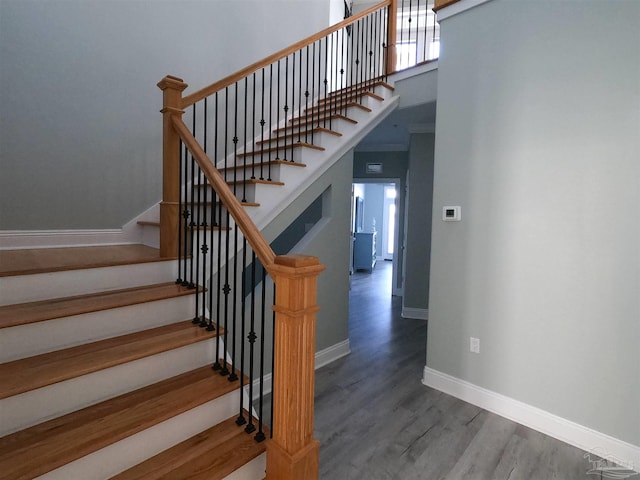 staircase with hardwood / wood-style flooring