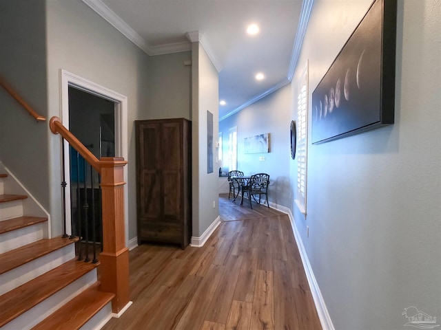 hall featuring ornamental molding and hardwood / wood-style floors