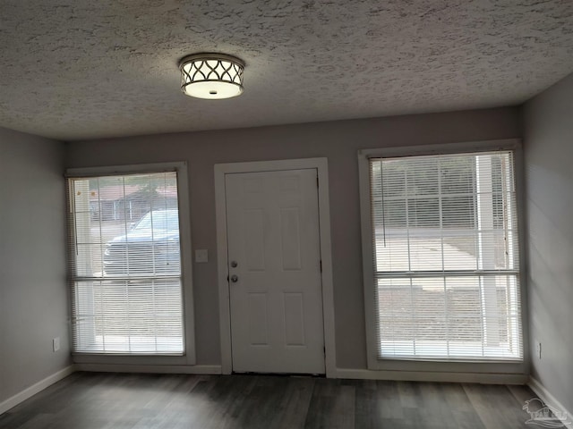 foyer entrance with dark hardwood / wood-style flooring, a textured ceiling, and a healthy amount of sunlight