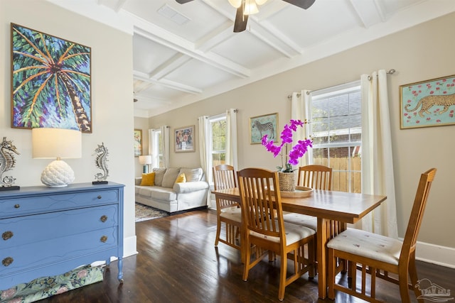 dining room with visible vents, wood finished floors, coffered ceiling, beamed ceiling, and baseboards