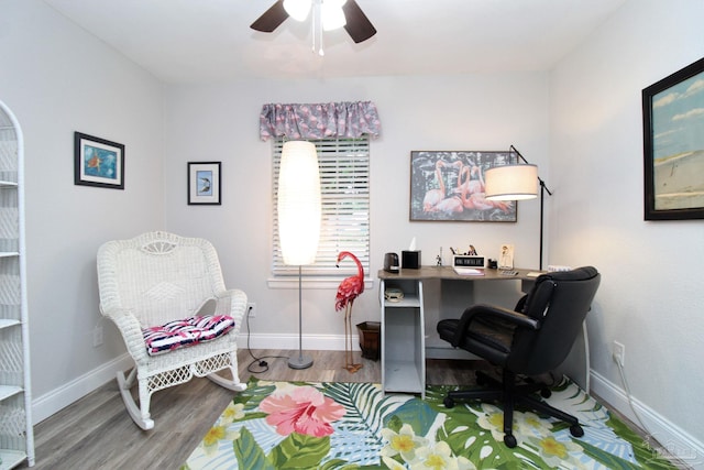 office featuring wood-type flooring and ceiling fan