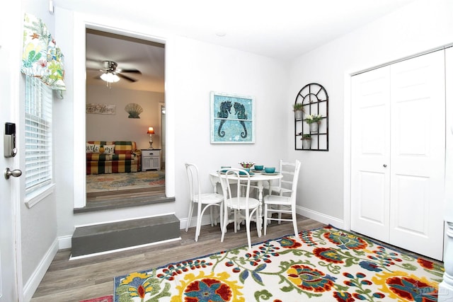 dining area featuring wood-type flooring and ceiling fan