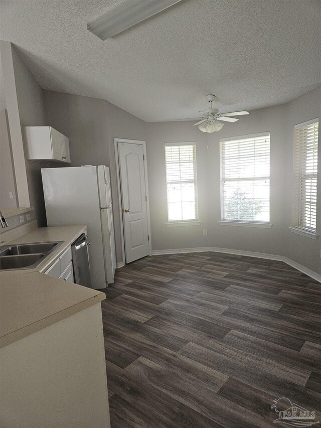 kitchen with ceiling fan, sink, and dark hardwood / wood-style flooring