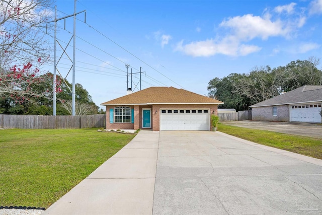 single story home featuring a front yard and a garage