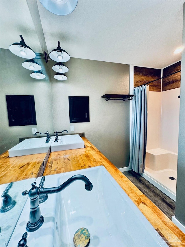 bathroom featuring curtained shower and sink