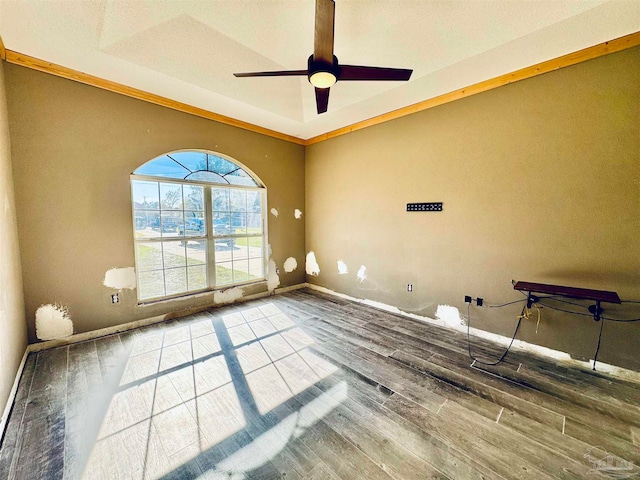 empty room featuring ceiling fan, a raised ceiling, and wood-type flooring