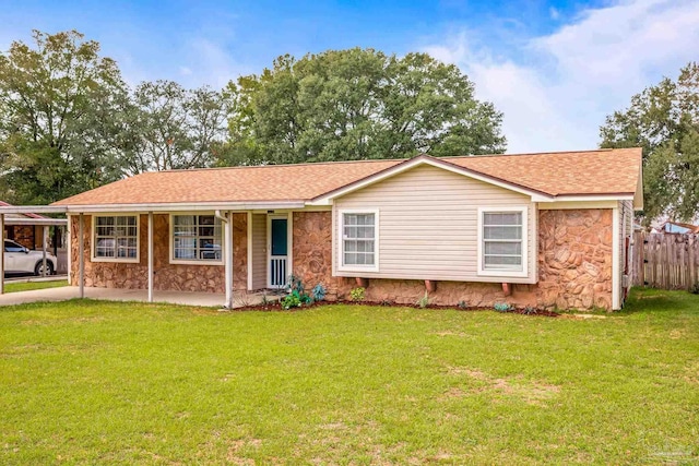 single story home featuring stone siding, a front lawn, a porch, and fence