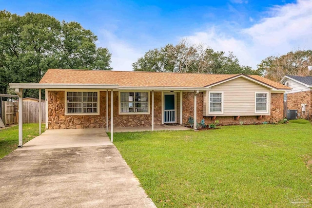 ranch-style home featuring a porch, central AC unit, fence, stone siding, and a front lawn