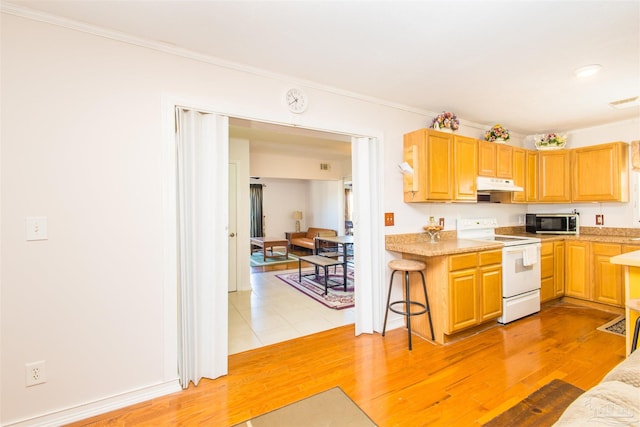 kitchen with crown molding, white electric range, light hardwood / wood-style floors, and a breakfast bar area