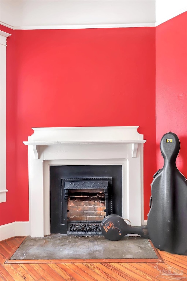 details with a fireplace and wood finished floors