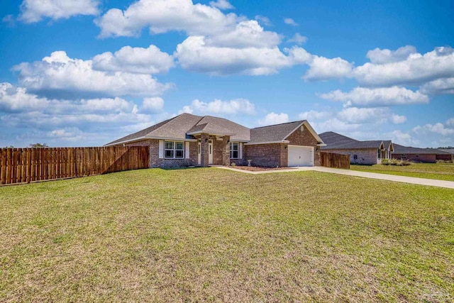 single story home featuring concrete driveway, an attached garage, fence, a front lawn, and brick siding