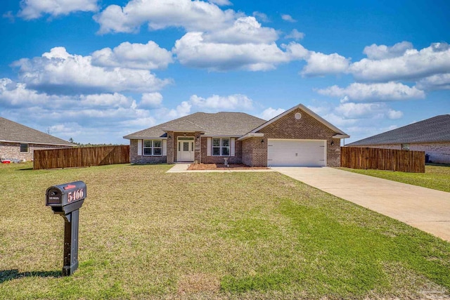 single story home with a garage, fence, driveway, and a front lawn