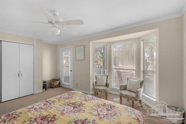 carpeted bedroom featuring a closet, ceiling fan, and crown molding