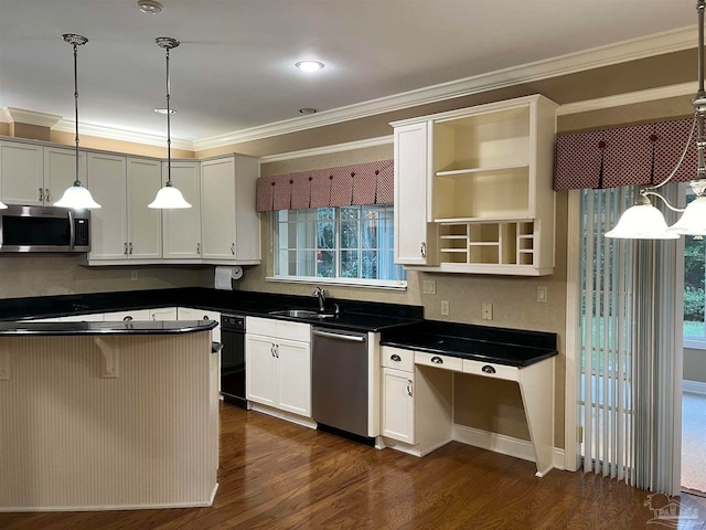 kitchen featuring a sink, dark countertops, open shelves, and stainless steel appliances