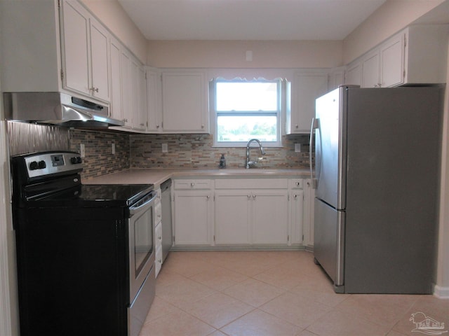 kitchen with tasteful backsplash, a sink, stainless steel appliances, white cabinets, and under cabinet range hood