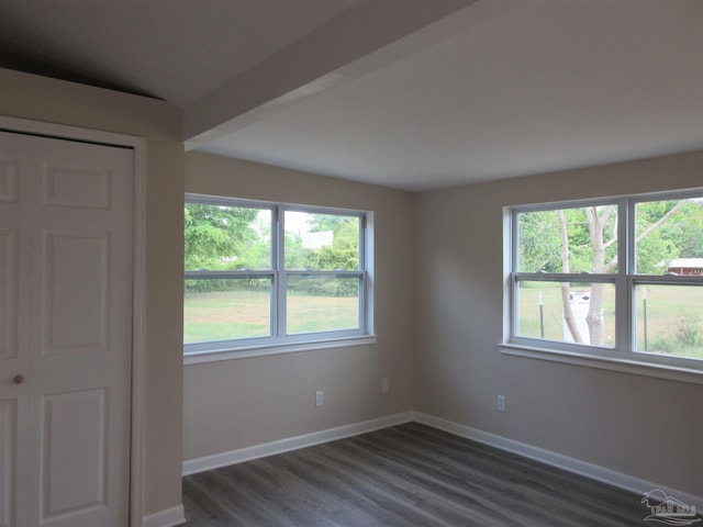 spare room featuring plenty of natural light, baseboards, and dark wood finished floors