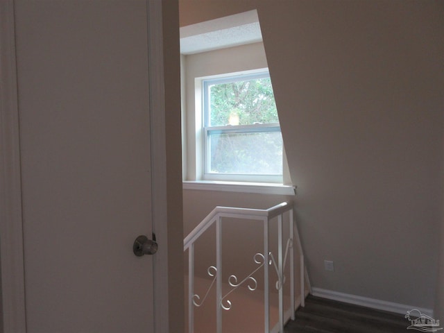 stairway with baseboards and wood finished floors
