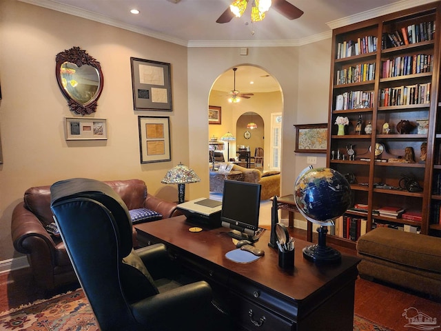 home office featuring hardwood / wood-style floors, crown molding, and ceiling fan