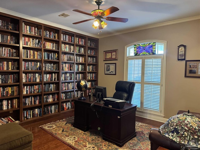 office area featuring ceiling fan, ornamental molding, and dark hardwood / wood-style floors