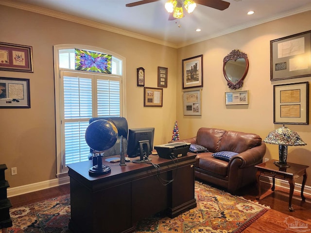 office area with crown molding, dark hardwood / wood-style floors, and ceiling fan