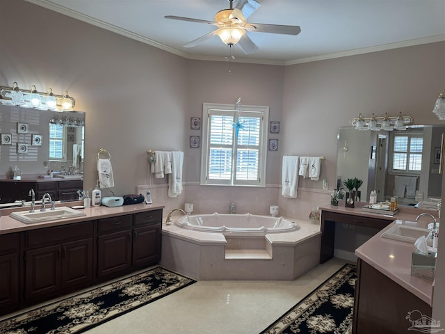 bathroom with vanity, a relaxing tiled tub, and ornamental molding