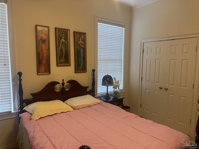 bedroom featuring ornamental molding and a closet