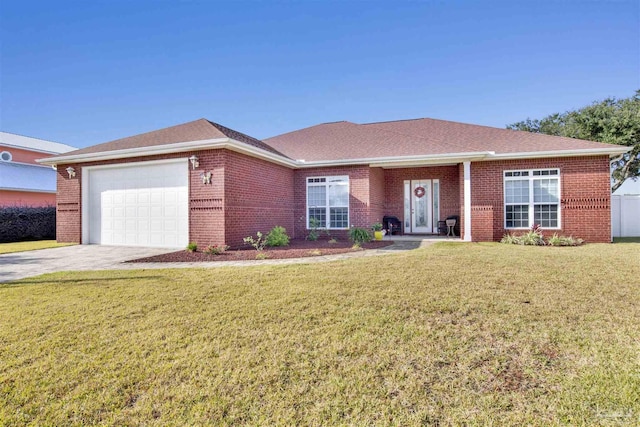 single story home with a garage and a front yard