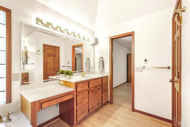 bathroom with hardwood / wood-style flooring and vanity