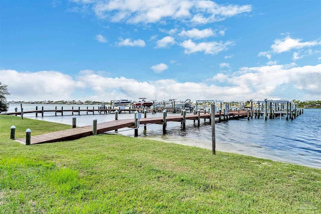 dock area featuring a yard and a water view