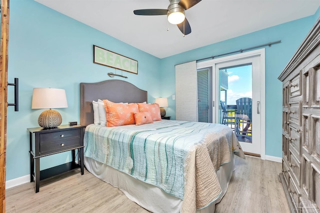 bedroom with ceiling fan, access to outside, light wood-style flooring, and baseboards