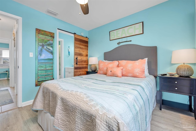 bedroom featuring ceiling fan, light wood finished floors, visible vents, and baseboards