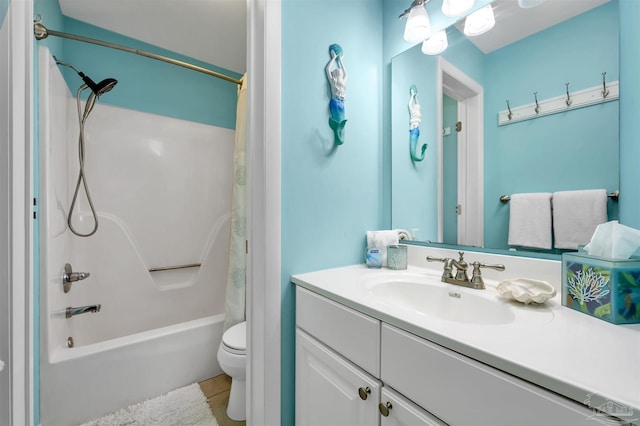 full bath featuring toilet, shower / bath combo, and vanity