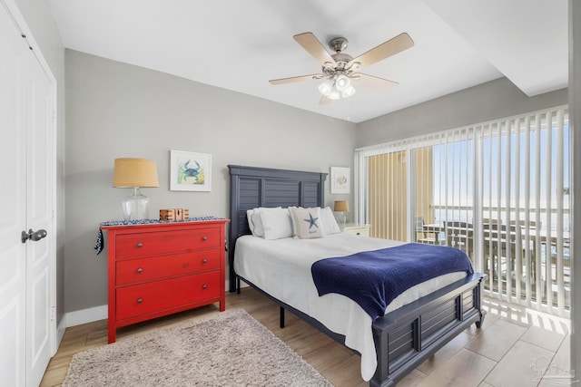 bedroom featuring ceiling fan, a closet, and wood-type flooring