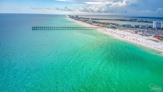 aerial view featuring a water view and a view of the beach