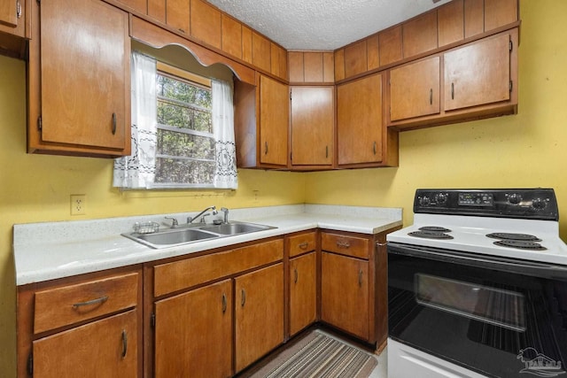 kitchen featuring electric stove, sink, and a textured ceiling