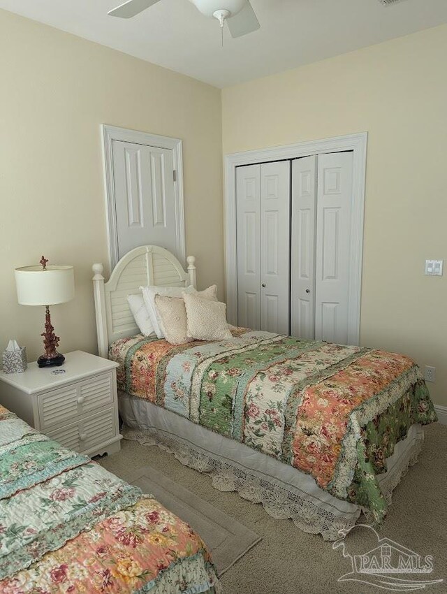 bedroom featuring carpet flooring and ceiling fan