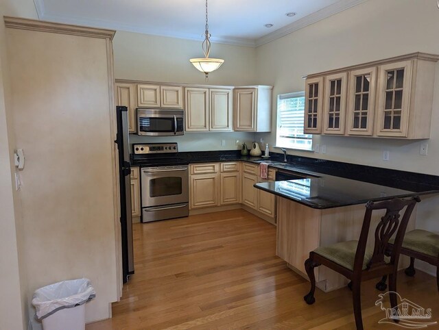 kitchen with appliances with stainless steel finishes, light hardwood / wood-style flooring, sink, pendant lighting, and crown molding