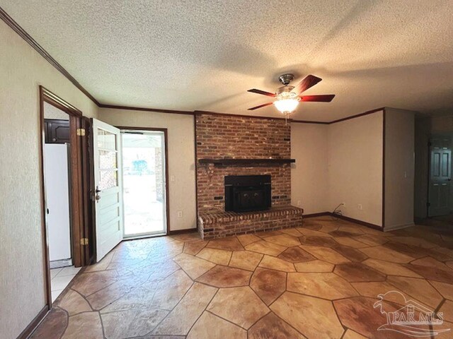 unfurnished living room featuring brick wall, a fireplace, a textured ceiling, light tile patterned floors, and ceiling fan